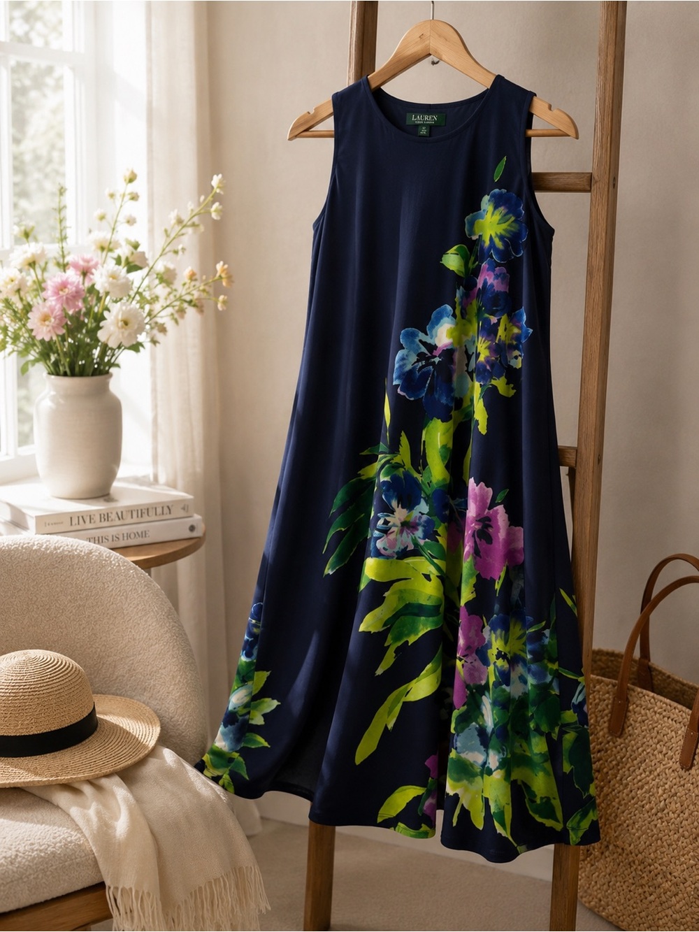 Lauren Ralph Lauren Floral Midi Dress Navy Sleeveless Size 12 Elegant